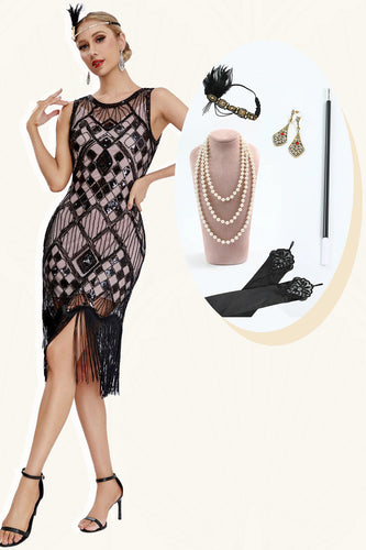 Glitzerndes schwarzes Gatsby-Kleid mit Fransen aus den 1920er Jahren und Accessoires aus den 20er Jahren
