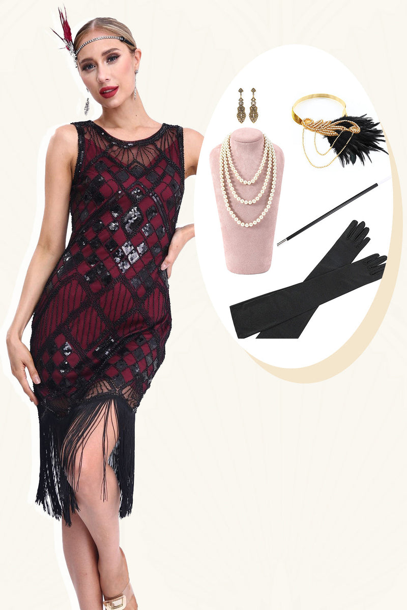 Laden Sie das Bild in den Galerie-Viewer, Glitzerndes schwarz-rotes Gatsby-Kleid mit Fransen aus den 1920er Jahren und Accessoires aus den 20er Jahren