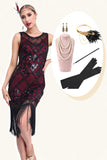 Glitzerndes schwarz-rotes Gatsby-Kleid mit Fransen aus den 1920er Jahren und Accessoires aus den 20er Jahren
