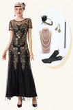 Schwarzes goldenes Pailletten-Kleid mit kurzen Ärmeln aus den 1920er Jahren und 20er-Jahre-Accessoires