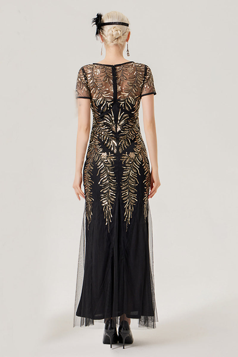 Laden Sie das Bild in den Galerie-Viewer, Schwarzes goldenes Pailletten-Kleid mit kurzen Ärmeln aus den 1920er Jahren und 20er-Jahre-Accessoires