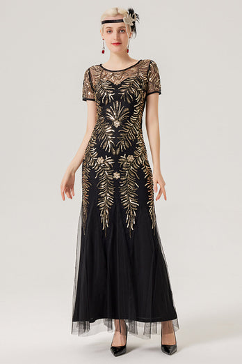 Schwarzes goldenes Pailletten-Kleid mit kurzen Ärmeln aus den 1920er Jahren und 20er-Jahre-Accessoires
