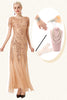 Laden Sie das Bild in den Galerie-Viewer, Champagnerfarbenes Pailletten-Kleid mit kurzen Ärmeln und Accessoires aus den 20er Jahren