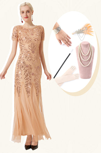 Champagnerfarbenes Pailletten-Kleid mit kurzen Ärmeln und Accessoires aus den 20er Jahren