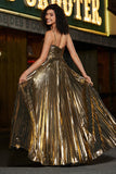 Goldenes Spaghettiträger-Spaghettiträger-Kleid mit Plissee-Glitzer und Accessoires in A-Linie