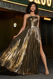 Goldenes Spaghettiträger-Spaghettiträger-Kleid mit Plissee-Glitzer und Accessoires in A-Linie