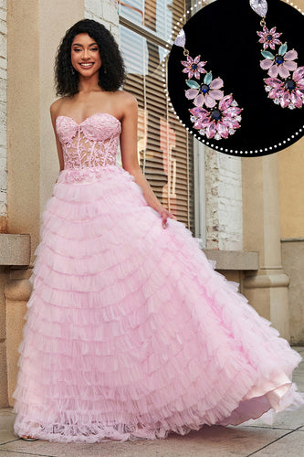 Rosafarbenes A-Linien-Kleid mit trägerlosem, gestuftem langem Korsett für den Abschlussball mit Accessoires