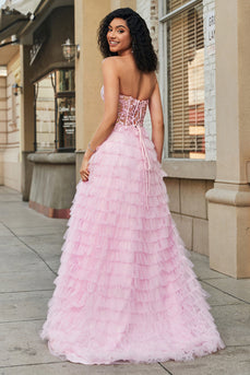 Rosafarbenes A-Linien-Kleid mit trägerlosem, gestuftem langem Korsett für den Abschlussball mit Accessoires