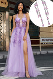 Wunderschönes A-Linien-Neckholder-Grau-Lila-Korsett-Applikations-Ballkleid mit Accessoires Set