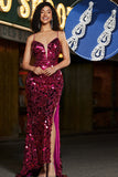 Glitzernde Meerjungfrau Spaghettiträger Fuchsia Pailletten langes Ballkleid mit Accessoires Set