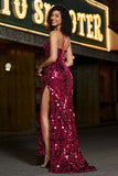 Glitzernde Meerjungfrau Spaghettiträger Fuchsia Pailletten langes Ballkleid mit Accessoires Set