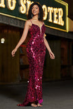 Glitzernde Meerjungfrau Spaghettiträger Fuchsia Pailletten langes Ballkleid mit Accessoires Set