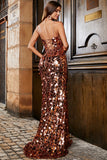 Glitzernde Meerjungfrauen-Spaghettiträger Goldenes Paillettenkleid mit Schlitz vorne Langes Ballkleid mit Accessoires Set