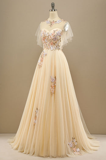 Gelbes langes Abendkleid mit Applikation
