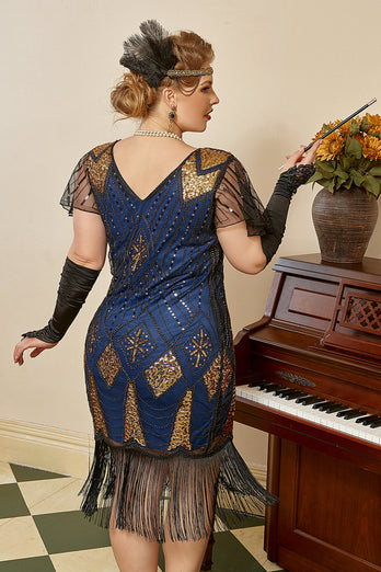 Blaue Fransen Pailletten Übergröße 1920er Jahre Kleid