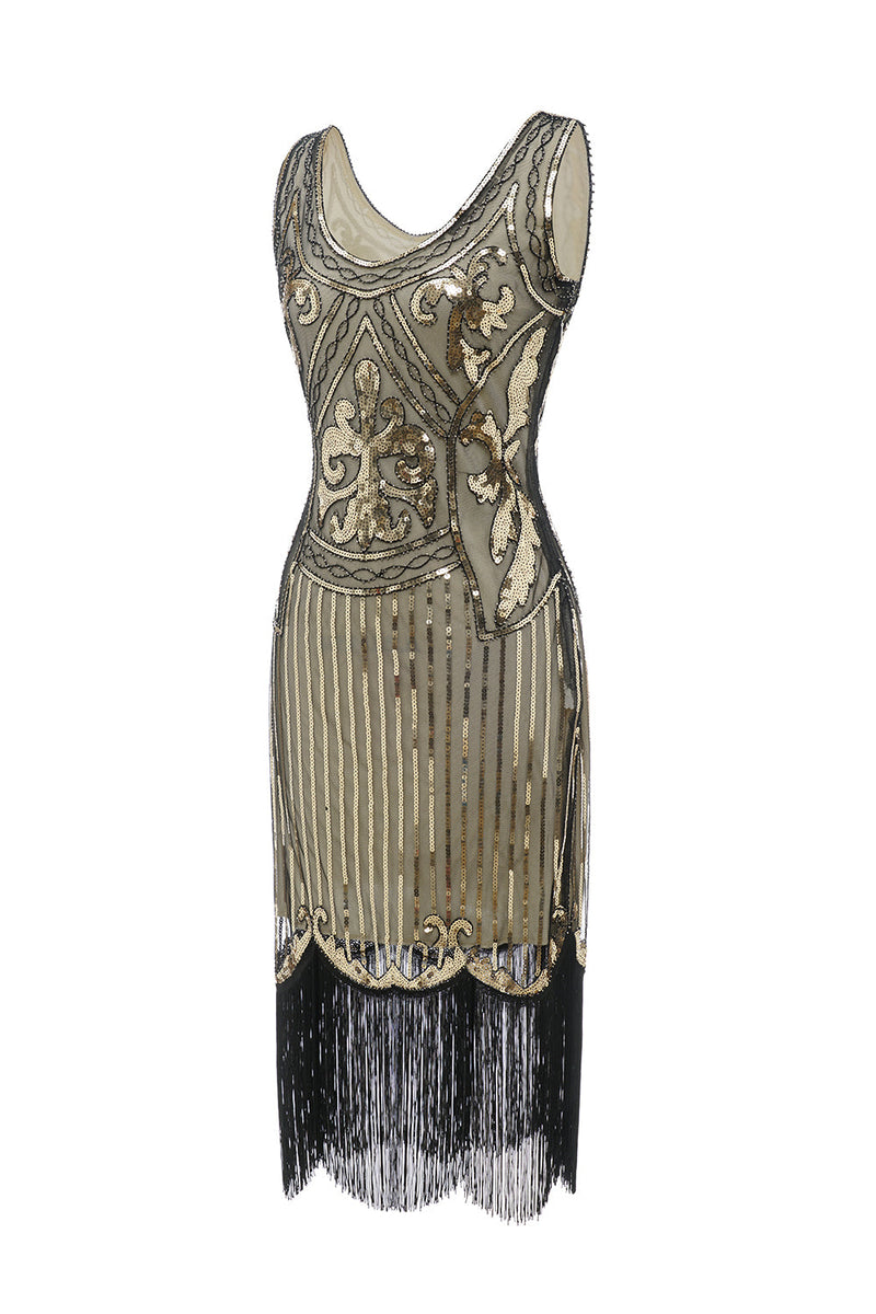 Laden Sie das Bild in den Galerie-Viewer, Golden V-Ausschnitt Fransen Paillettenkleid aus den 1920er Jahren