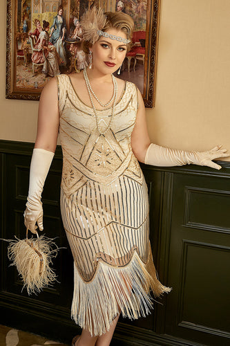 Aprikose Pailletten Fransen Übergröße 1920er Jahre Flapper Kleid