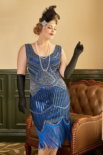 Königsblau Übergröße Kleid aus den 1920er Jahren mit Fransen