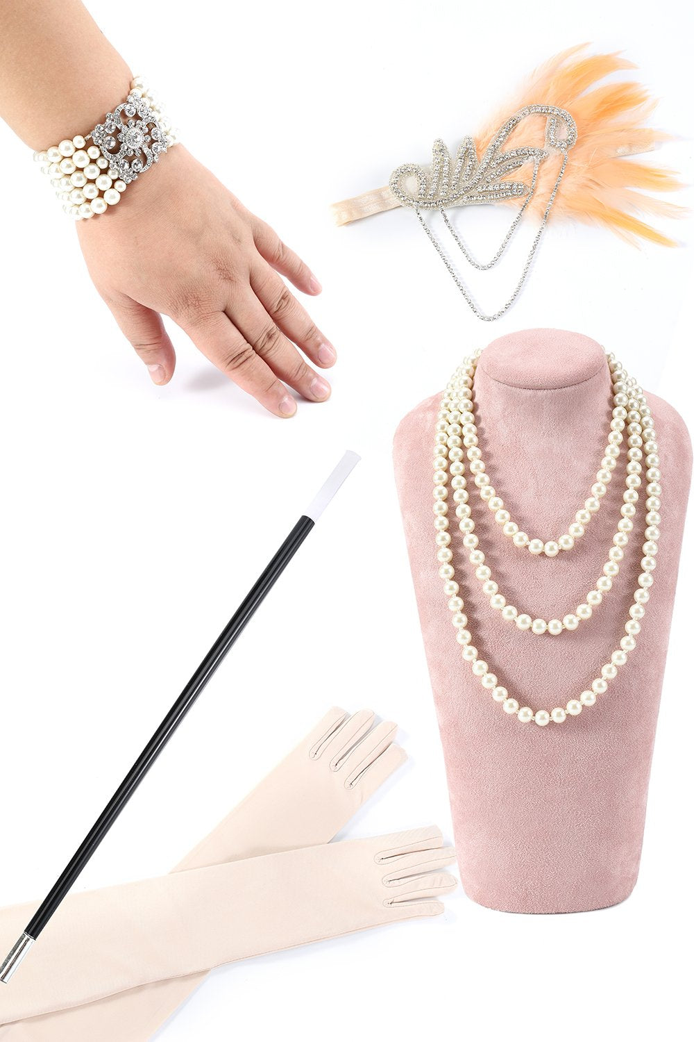 handschuhe mit kette Zapaka Damen 1920er Jahre Accessoires Champagner Halskette Handschuhe Fünf Teile Sets – ZAPAKAJP