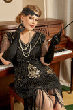 Schwarz Goldene Pailletten Gatsby Fransen Übergröße 1920er Jahre Kleid