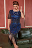 Laden Sie das Bild in den Galerie-Viewer, Blaue Pailletten Fransen Gatsby 1920er Jahre Kleid mit Ärmeln