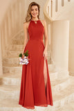 Himmelblau Langes Chiffon Brautjungfernkleid mit Schlitz