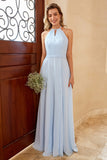 Himmelblau Langes Chiffon Brautjungfernkleid mit Schlitz