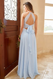 Himmelblau Langes Chiffon Brautjungfernkleid mit Schlitz