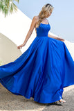 Königsblau Rückenfreies Satin Ballkleid