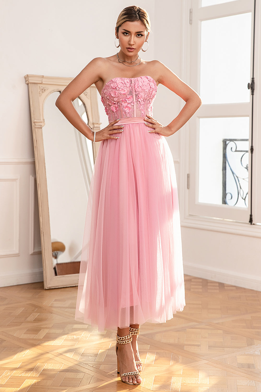 Zapakajp Frauen Abend Kleid Pink Gorgeous A Line Strapless Ballkleid mit  Applikationen – ZAPAKAJP