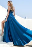 Blaue Spaghettiträger Ballkleid mit Spitze