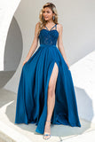 Blaue Spaghettiträger Ballkleid mit Spitze