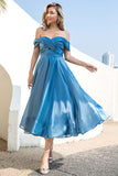 Prinzessin A-Linie Schulternah Grau Blau Brautkleid