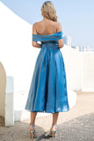 Prinzessin A-Linie Schulternah Grau Blau Brautkleid