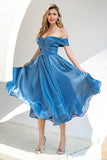 Prinzessin A-Linie Schulternah Grau Blau Brautkleid