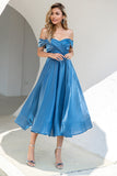 Prinzessin A-Linie Schulternah Grau Blau Brautkleid