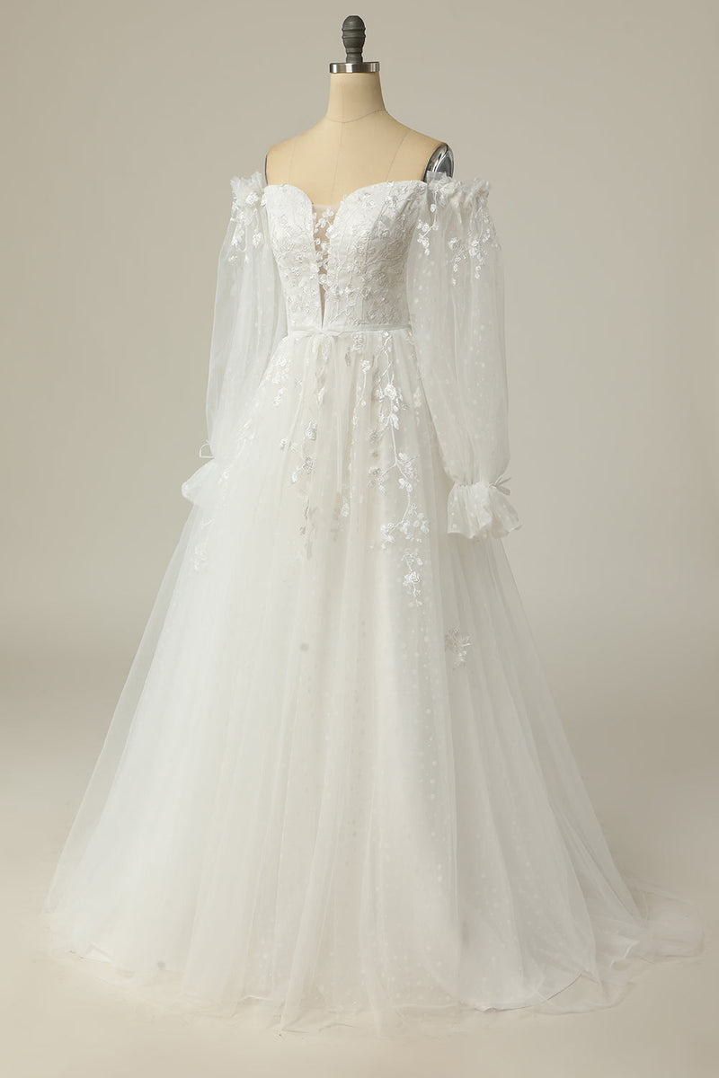 Laden Sie das Bild in den Galerie-Viewer, Wunderschöne Linien aus weißem Hochzeitskleid mit Applikationen und Schultern