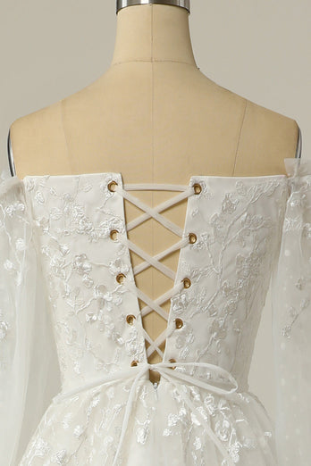 Luxuriöses A Line schulterfreies Hochzeitskleid mit weißen Applikationen