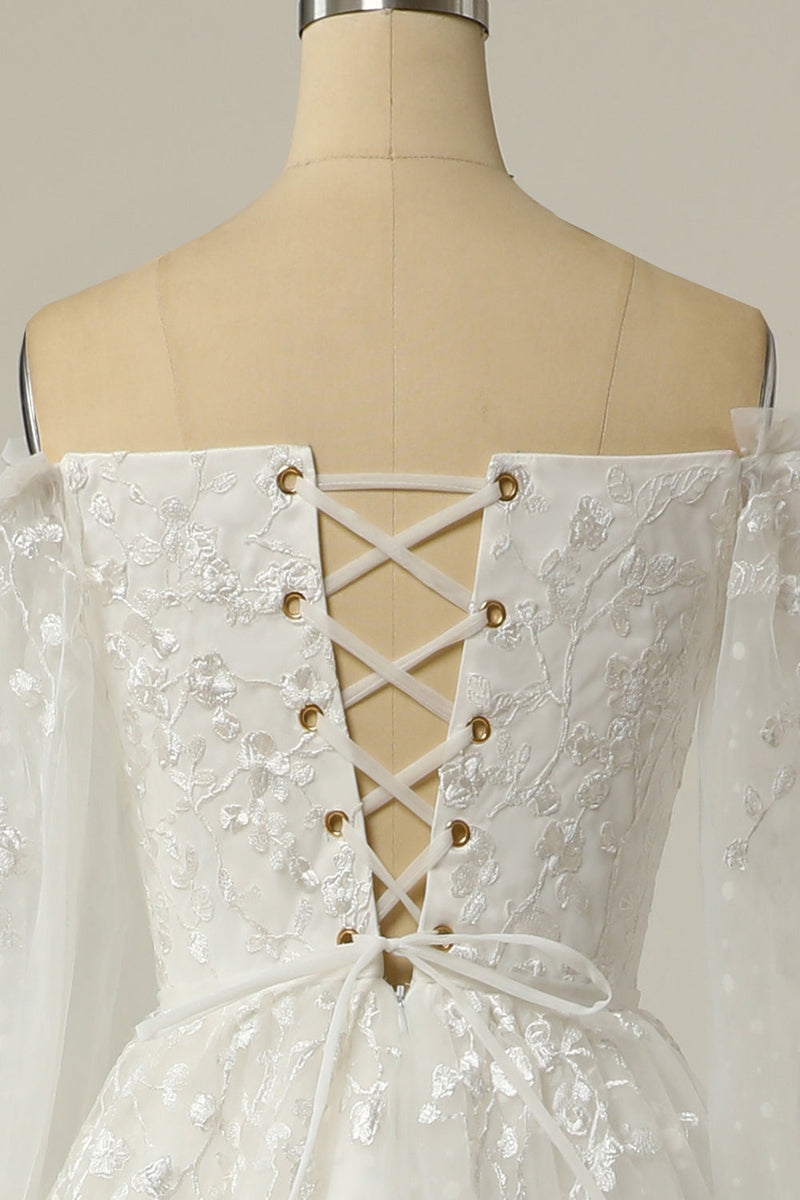 Laden Sie das Bild in den Galerie-Viewer, Luxuriöses A Line schulterfreies Hochzeitskleid mit weißen Applikationen