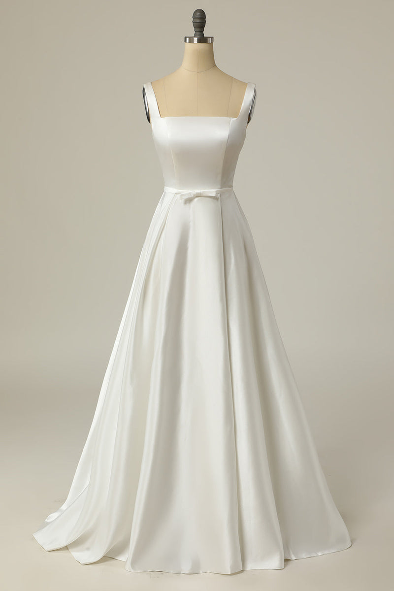 Laden Sie das Bild in den Galerie-Viewer, Einfaches A-Linie Quadratischer Ausschnitt Weißes Langes Brautkleid