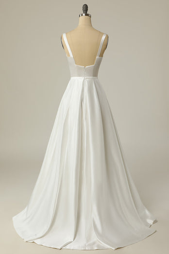 Einfaches A-Linie Quadratischer Ausschnitt Weißes Langes Brautkleid