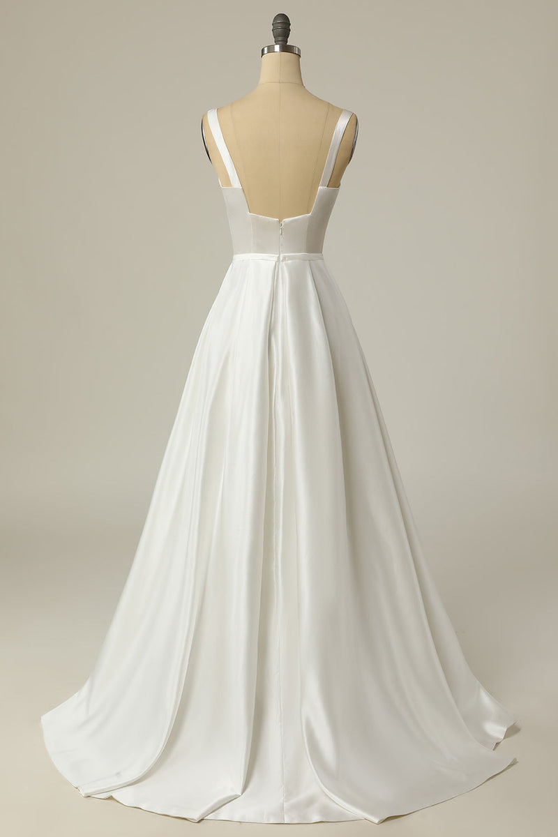Laden Sie das Bild in den Galerie-Viewer, Einfaches A-Linie Quadratischer Ausschnitt Weißes Langes Brautkleid