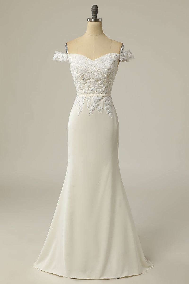 Laden Sie das Bild in den Galerie-Viewer, Meerjungfrau schulterfreies weißes Brautkleid mit Applique
