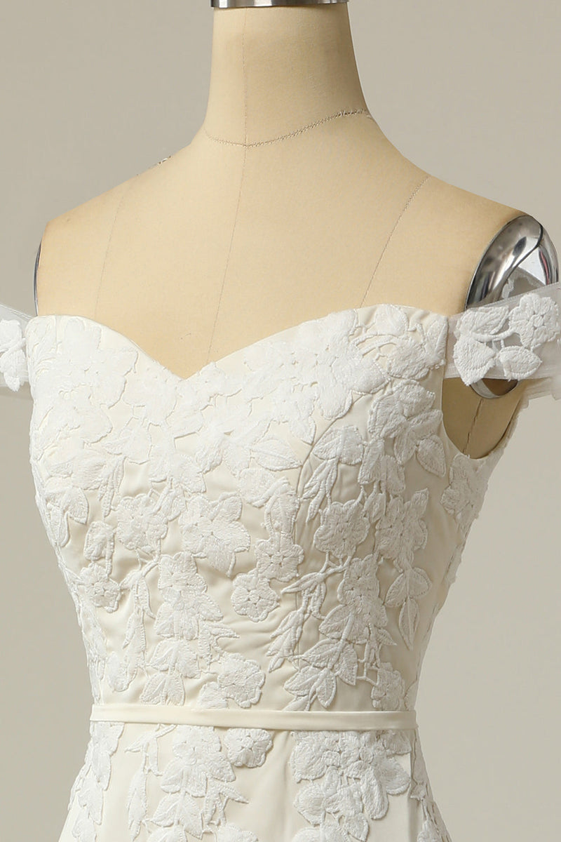 Laden Sie das Bild in den Galerie-Viewer, Meerjungfrau aus weißem Hochzeitskleid mit Applikation und Schultern