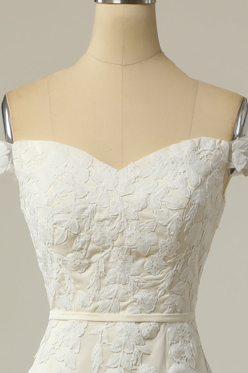 Laden Sie das Bild in den Galerie-Viewer, Meerjungfrau schulterfreies weißes Brautkleid mit Applique