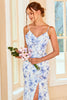 Laden Sie das Bild in den Galerie-Viewer, Etuikleid Spaghetti-Träger Blau Floral Drucken Langes Brautjungfernkleid mit Schlitz vorne