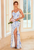 Laden Sie das Bild in den Galerie-Viewer, Etuikleid Spaghetti-Träger Blau Floral Drucken Langes Brautjungfernkleid mit Schlitz vorne
