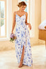 Laden Sie das Bild in den Galerie-Viewer, Spaghetti-Träger Blaues Brautjungfernkleid mit Blumenmuster