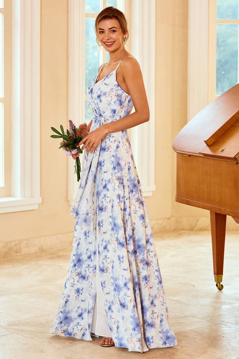 Laden Sie das Bild in den Galerie-Viewer, Spaghetti-Träger Blaues Brautjungfernkleid mit Blumenmuster