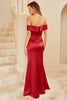 Laden Sie das Bild in den Galerie-Viewer, Schulterfreies burgunderfarbenes langes Brautjungfernkleid mit geteilter Front